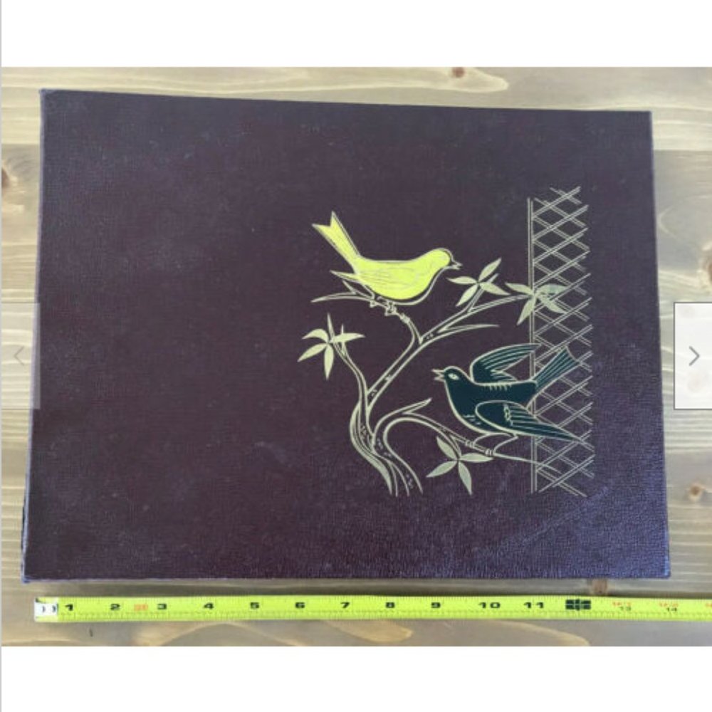 Vtg 1960s Scrapbook Album w/ Bird Cover Design Refillable Black Pages Ephemera